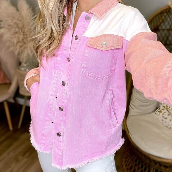 Pink and White Colorblock Denim Jacket - Picture 3 of 4